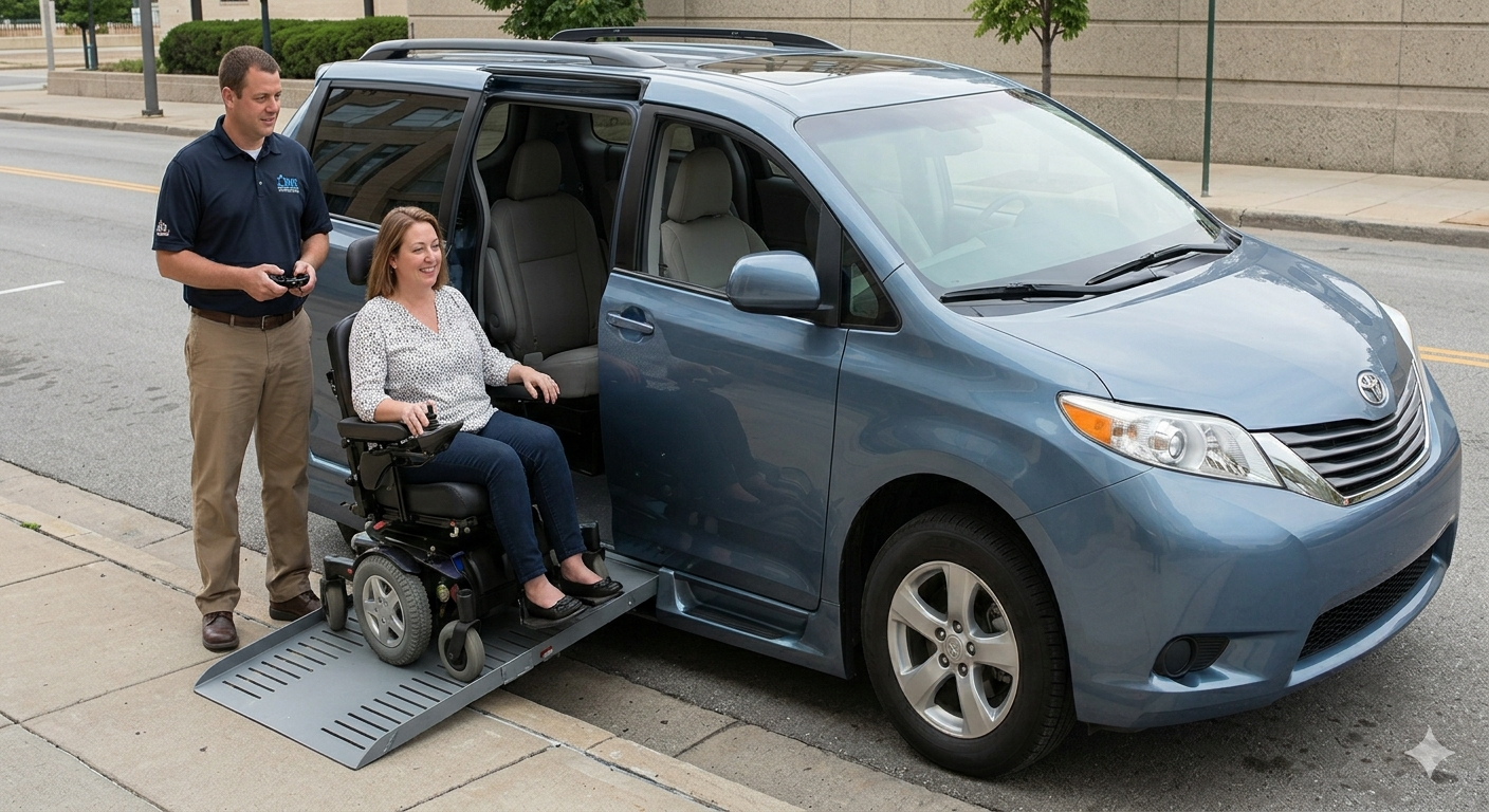 Wheelchair passenger boarding a Ride Access NYC accessible van via the ramp